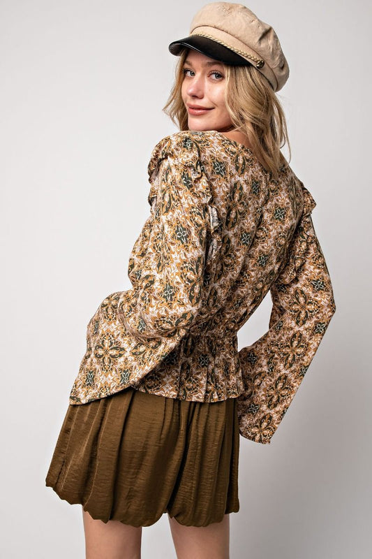 Printed Peplum Long Sleeve Top