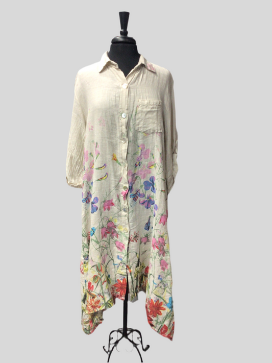 Italian Falling-Floral Linen Dress