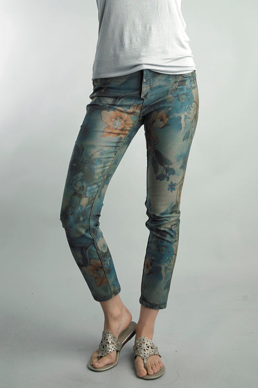 Teal Floral and Solid Olive Reversible Jeans