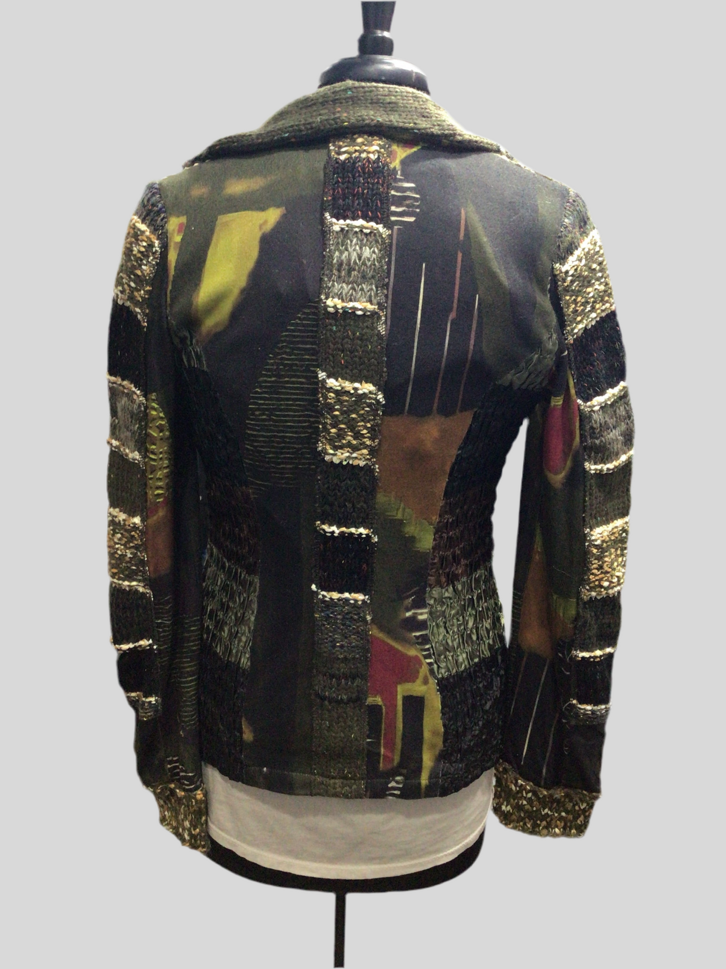 Colorful Patchwork Sweater Jacket with Ribbed Accents
