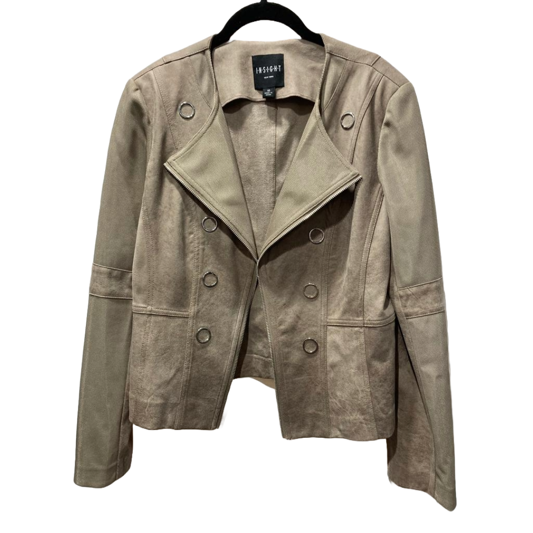 Taupe Vegan Leather Jacket With Mesh Sleeve Detail