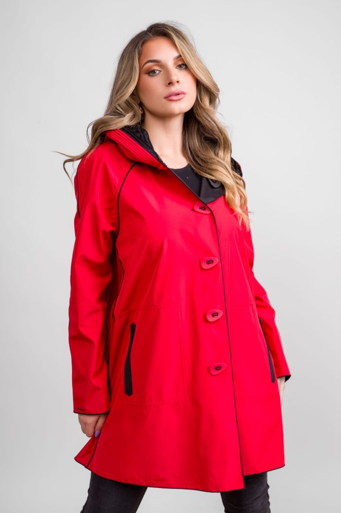 Reversible Red & Black Button Coat With Pleated Hood