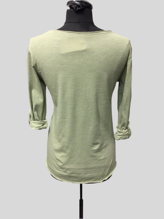 Cotton Roll Up Sleeve Khaki 3 Button Top