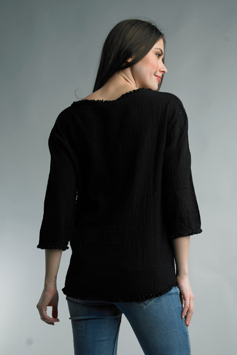 Tassel Trimmed 3/4 Sleeve Linen Top
