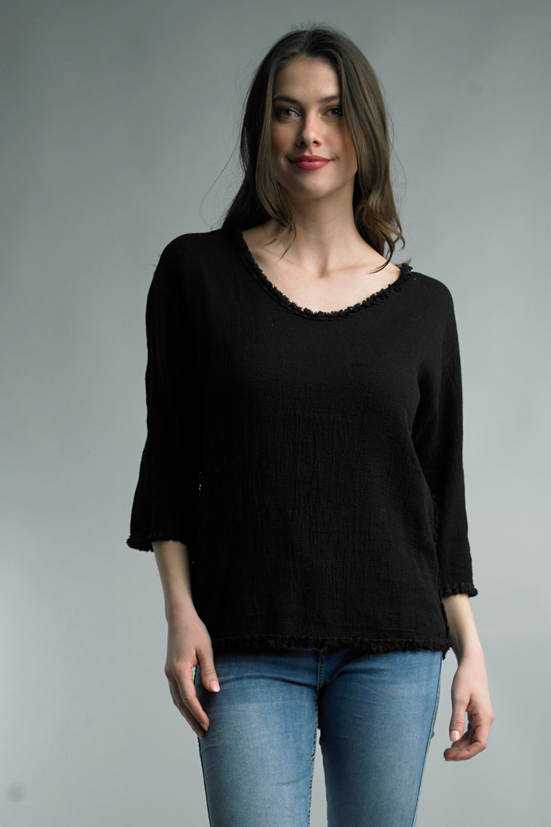 Tassel Trimmed 3/4 Sleeve Linen Top