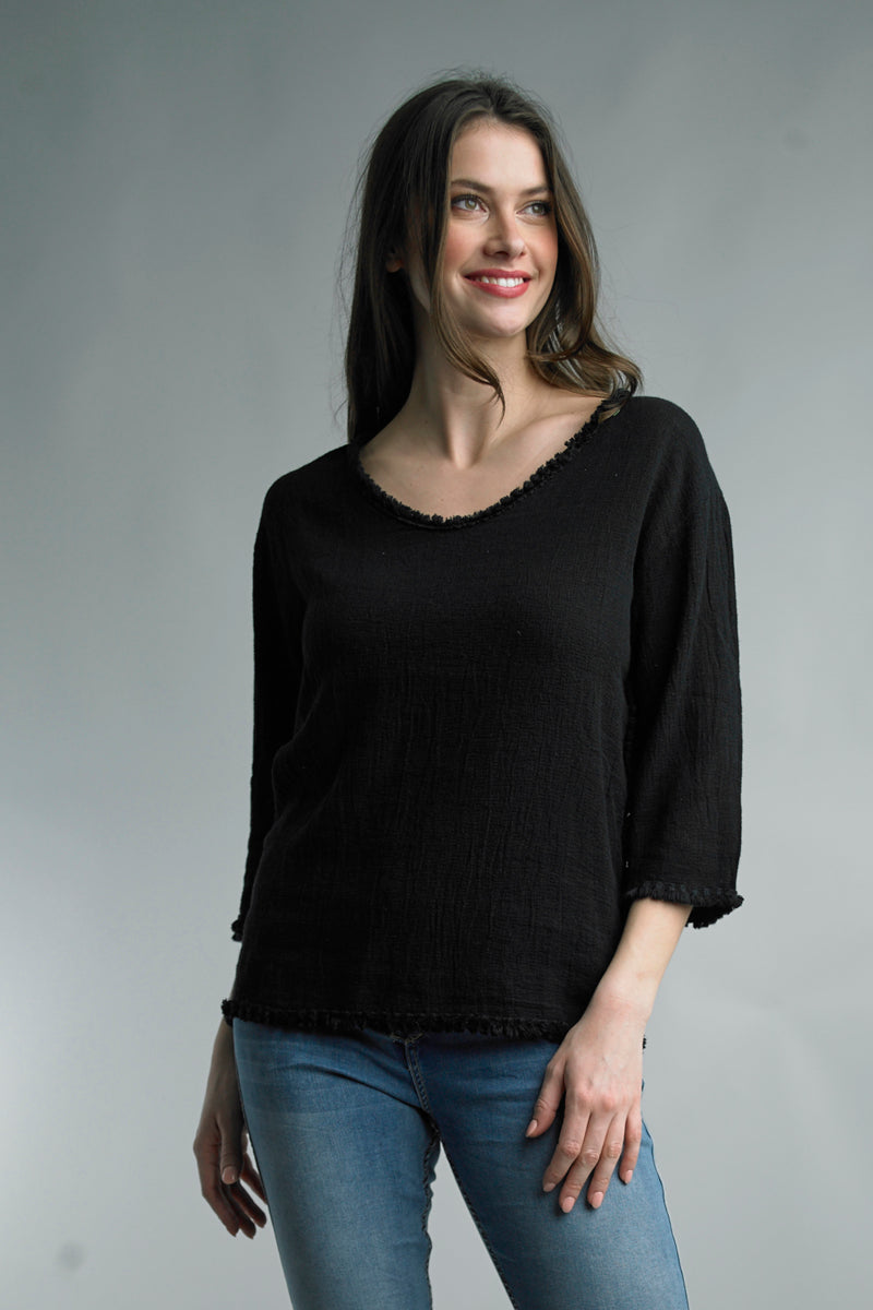 Tassel Trimmed 3/4 Sleeve Linen Top