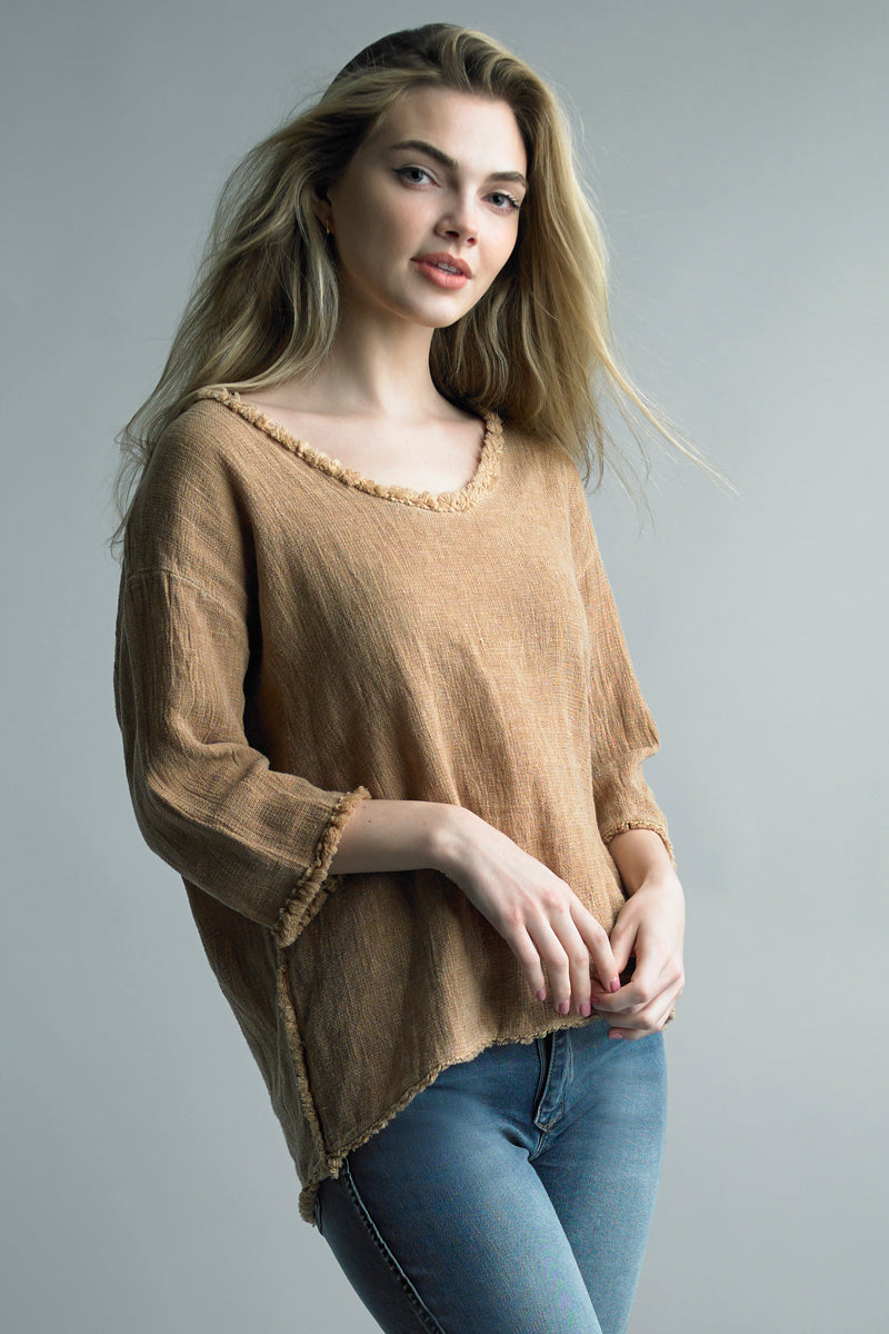 Tassel Trimmed 3/4 Sleeve Linen Top