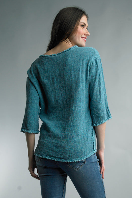 Tassel Trimmed 3/4 Sleeve Linen Top