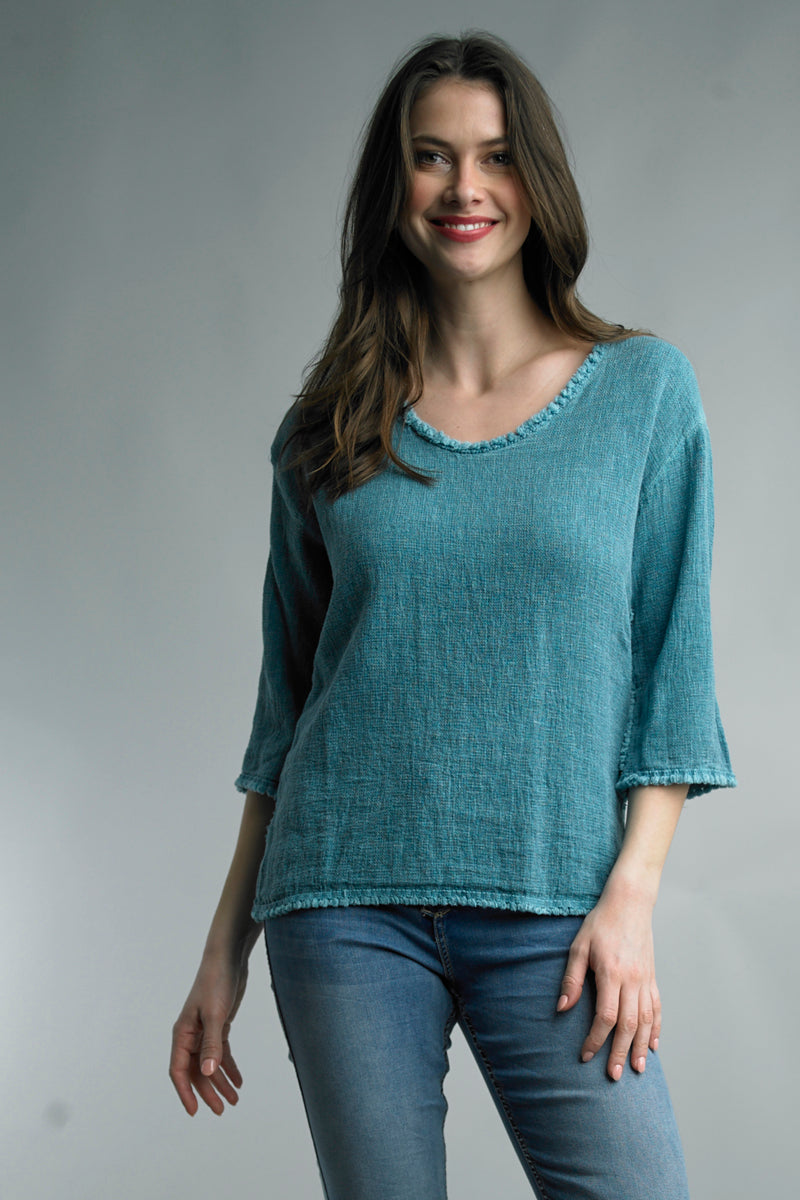 Tassel Trimmed 3/4 Sleeve Linen Top