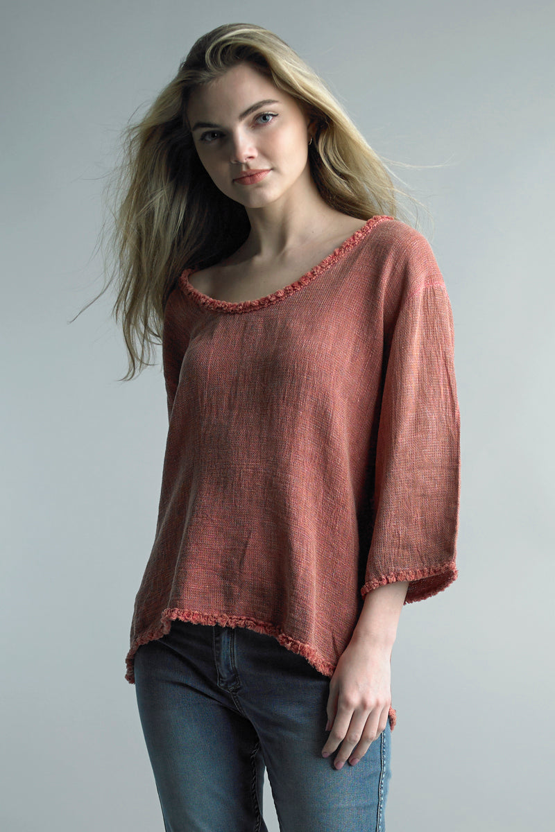 Tassel Trimmed 3/4 Sleeve Linen Top