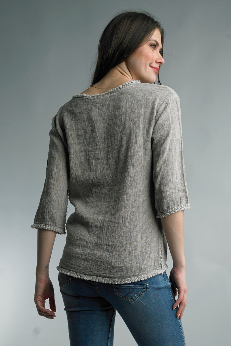 Tassel Trimmed 3/4 Sleeve Linen Top