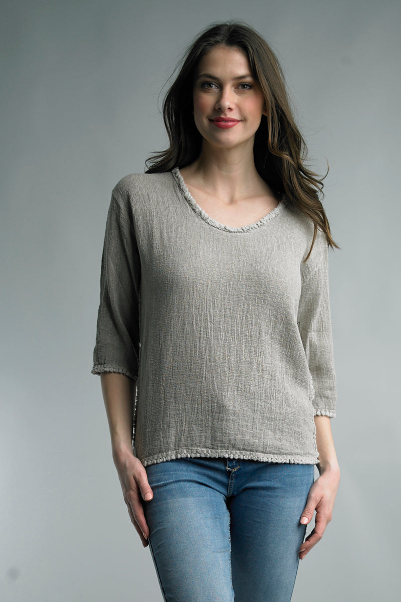 Tassel Trimmed 3/4 Sleeve Linen Top