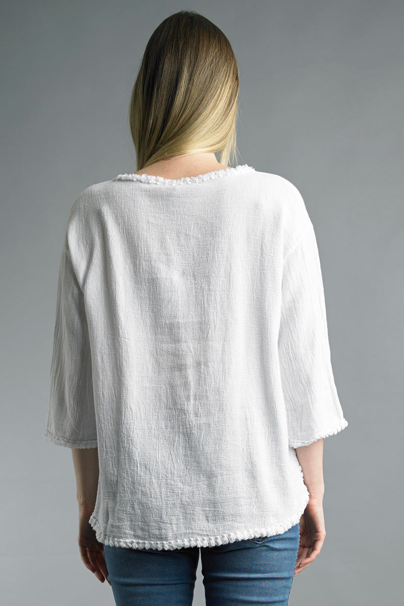 Tassel Trimmed 3/4 Sleeve Linen Top