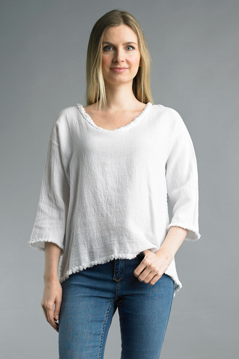 Tassel Trimmed 3/4 Sleeve Linen Top