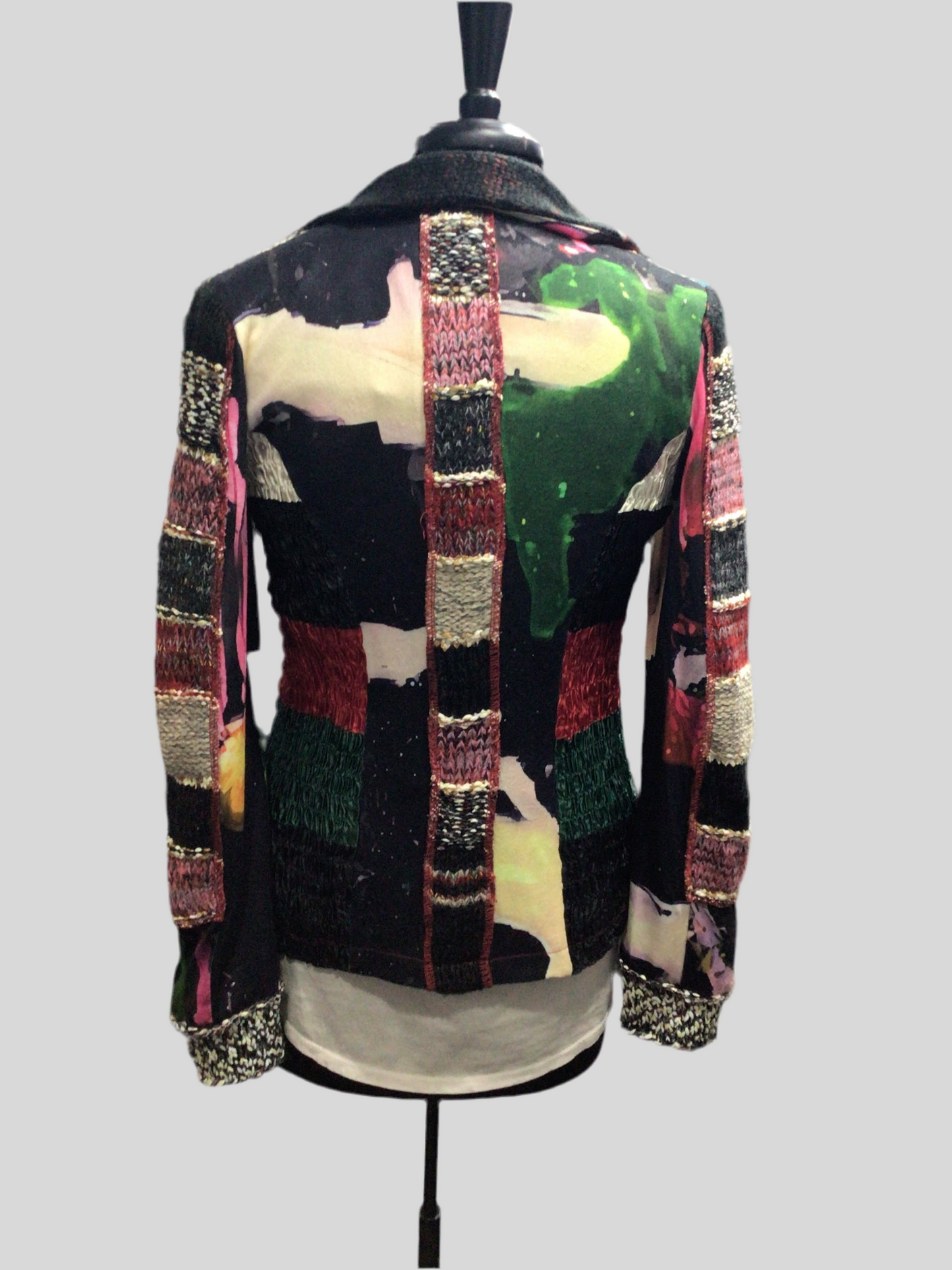 Colorful Patchwork Sweater Jacket with Ribbed Accents