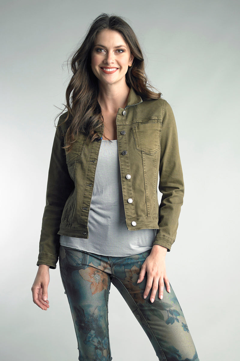 Teal Floral and Solid Olive Reversible Jean Jacket