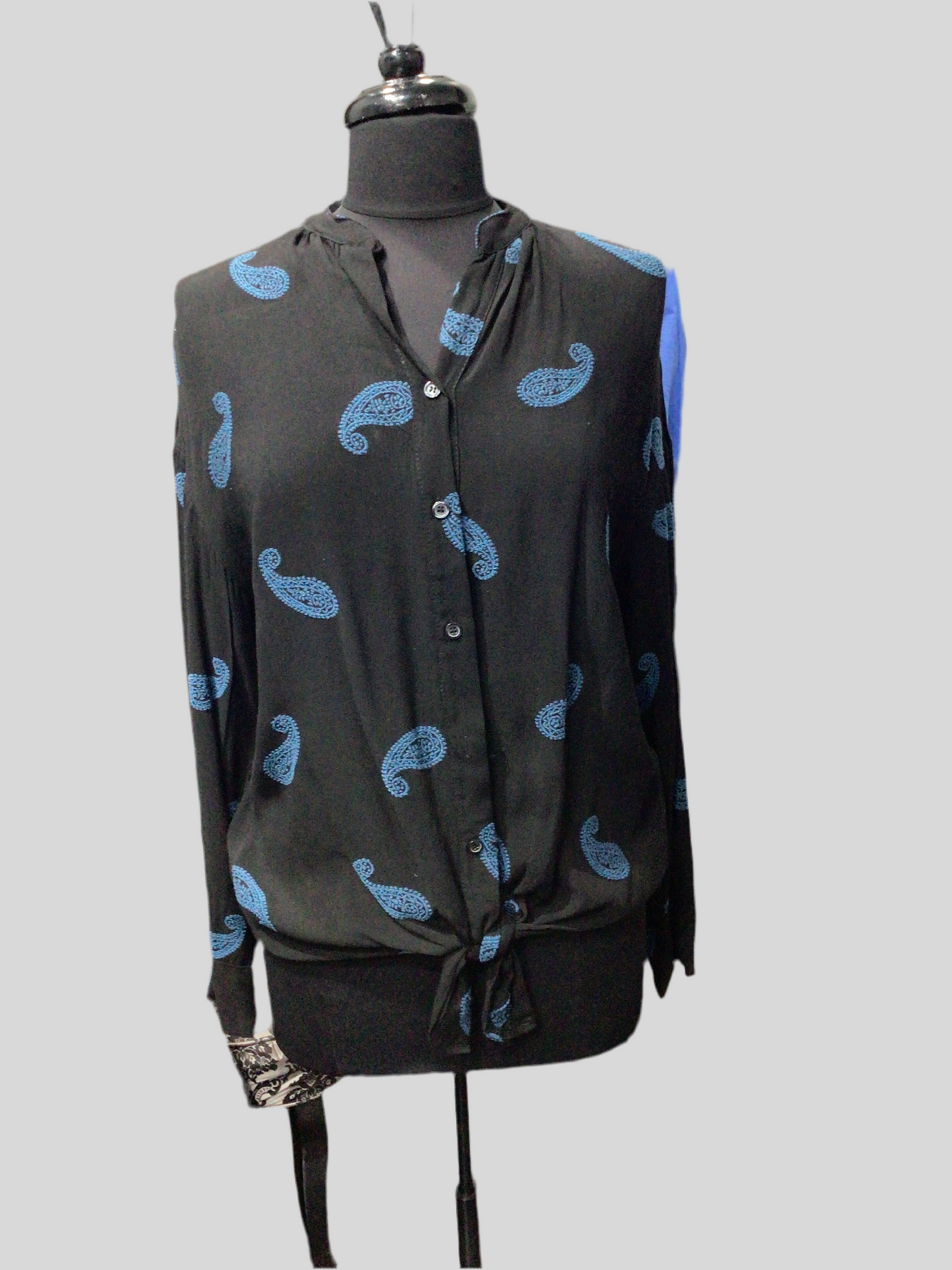 Italian Paisley Embroidered Front-Tie Blouse