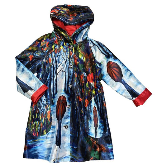 Reversible Art Print Coat With Pleated Hood – Red Umbrella Design