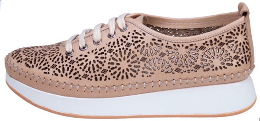 Tan Leather Sneakers with Laser Cut-Out Design