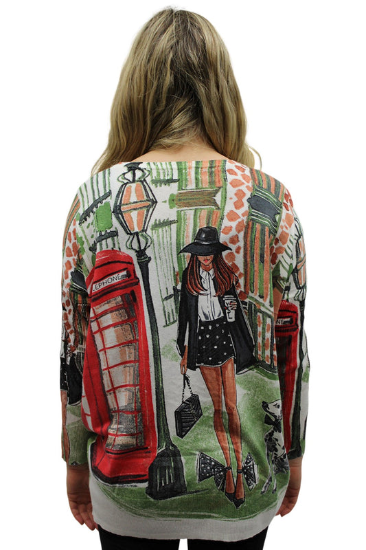 Fashion Lady With Telephone Box Print Sweater Top