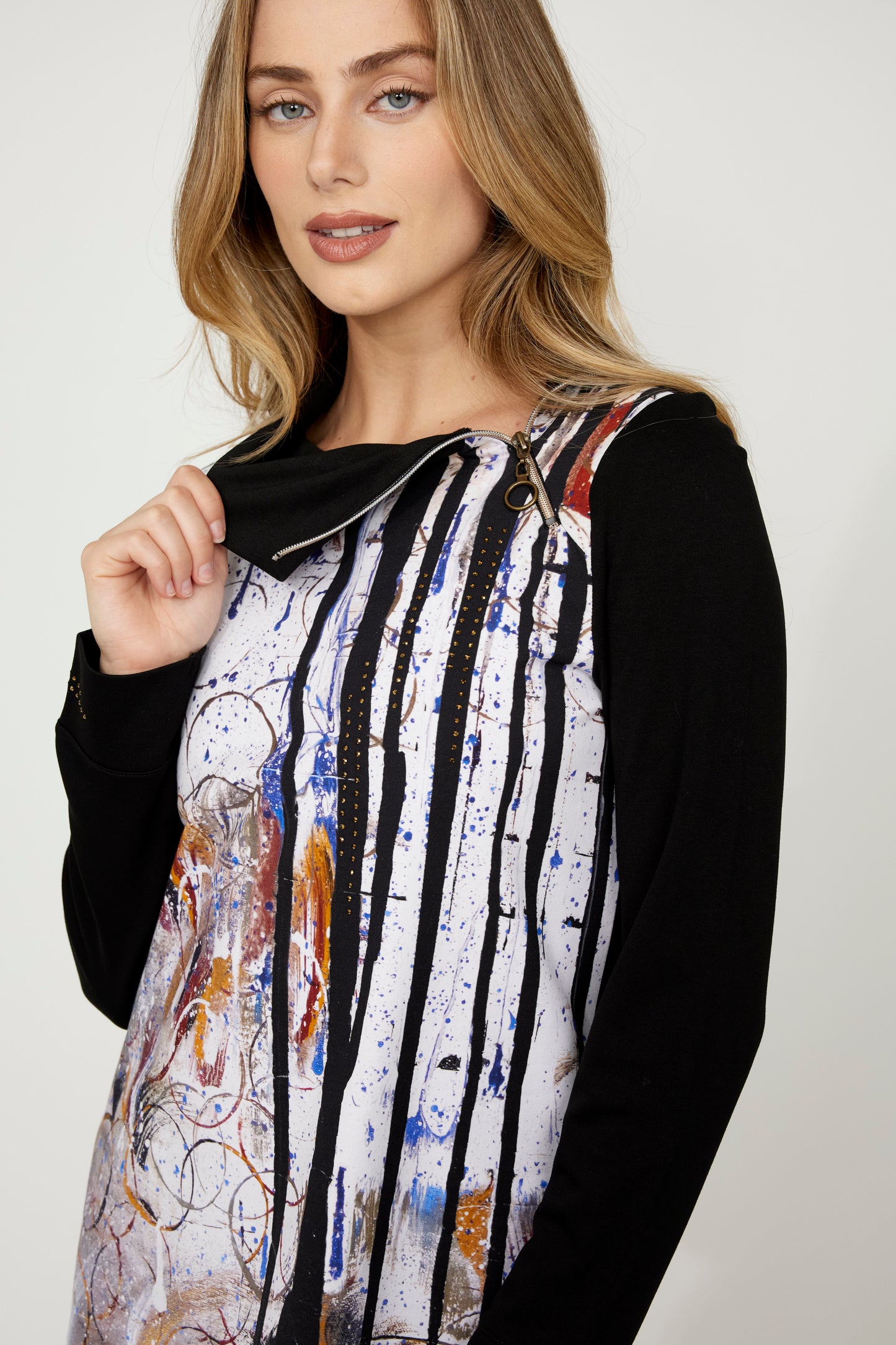 Asymmetric Zip-Neck Abstract Top
