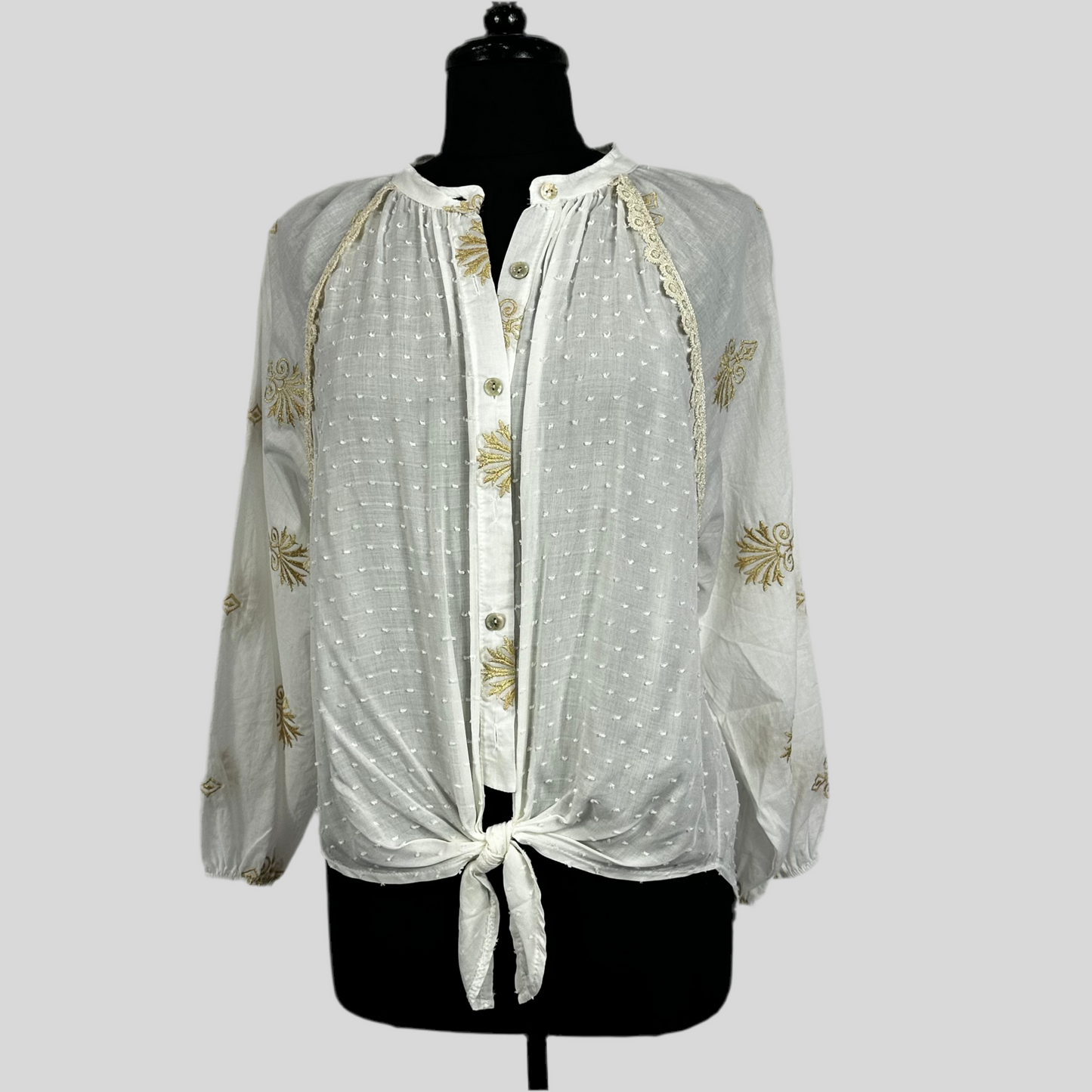Embroidered Crochet Trim Front Tie Shirt