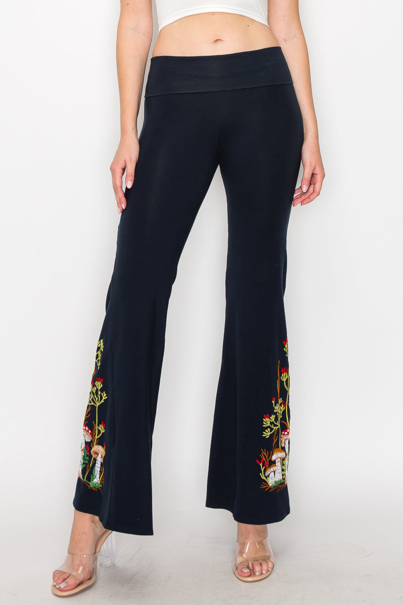 Mushroom Embroidery Bell Bottom Pants