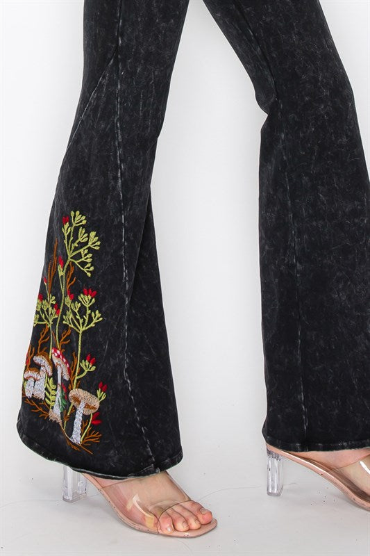 Mushroom Embroidered Bell Bottom Mineral Washed Pants
