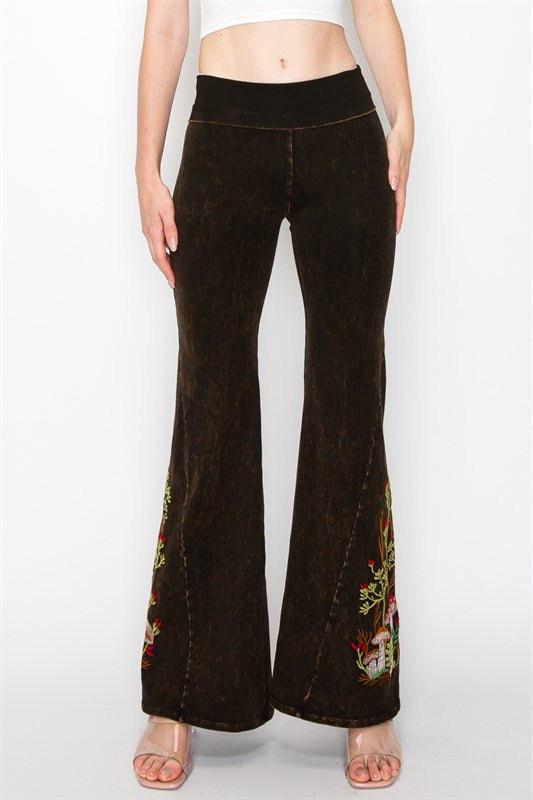 Mushroom Embroidered Bell Bottom Mineral Washed Pants