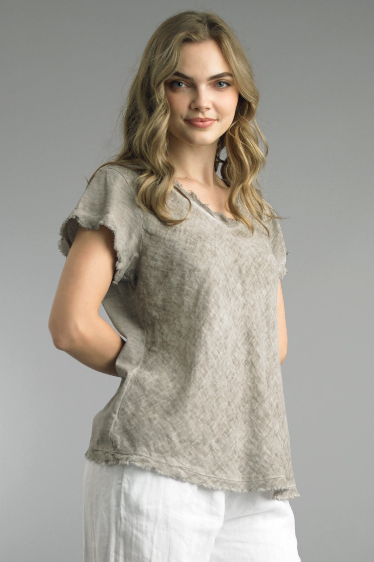 Frayed Edge Linen V-Neck Tee