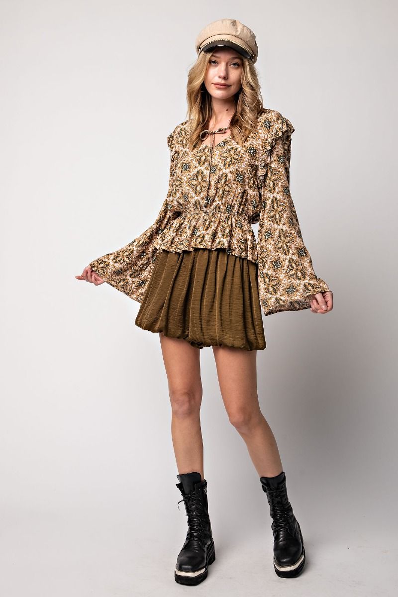 Printed Peplum Long Sleeve Top