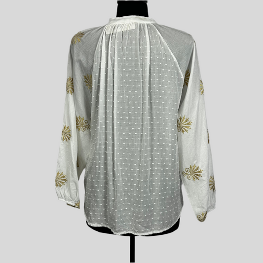 Embroidered Crochet Trim Front Tie Shirt