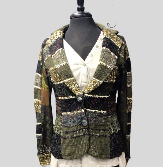 Colorful Patchwork Sweater Jacket with Ribbed Accents