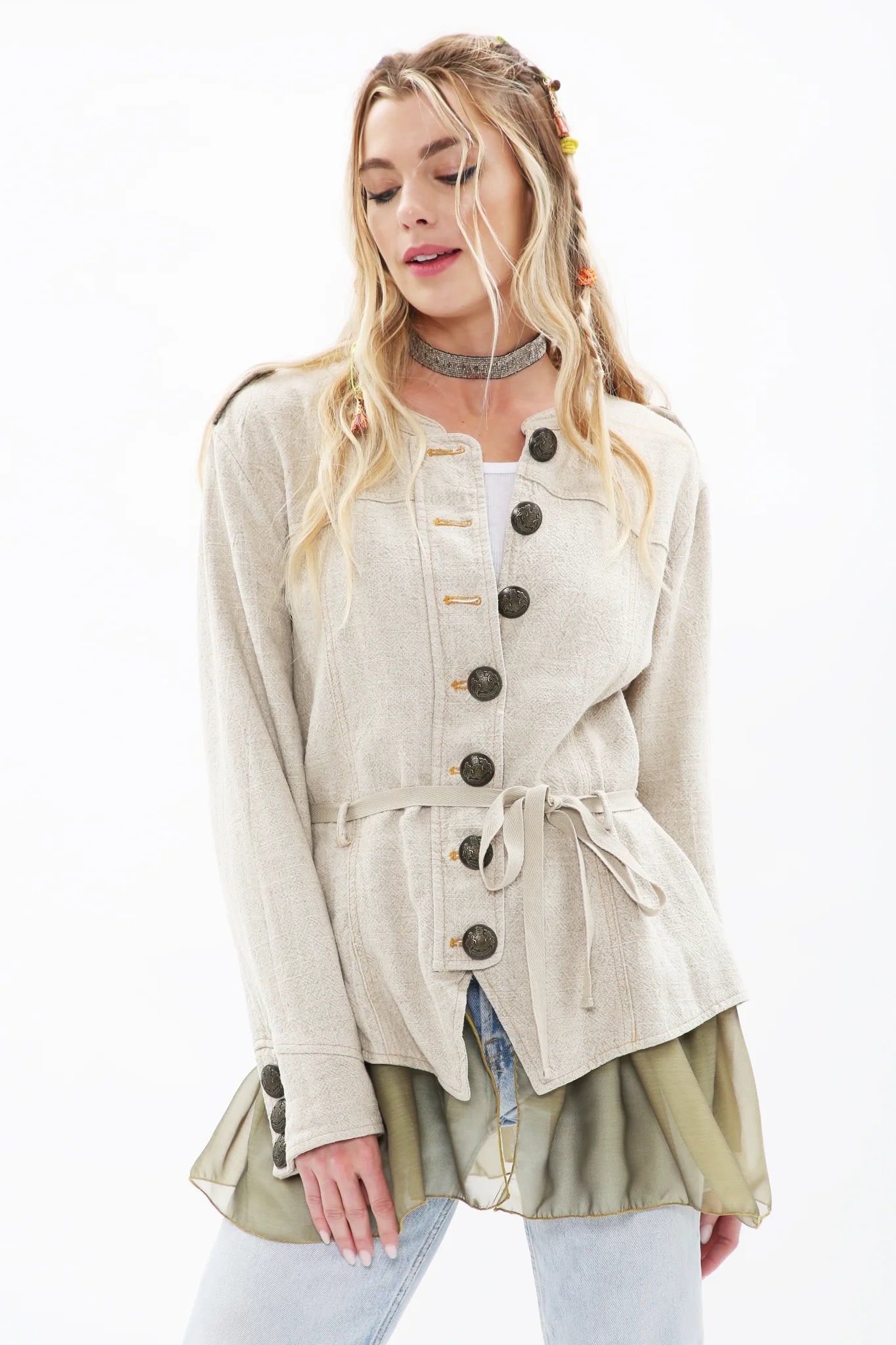 Aratta Beige Jacket with Floral Embroidery