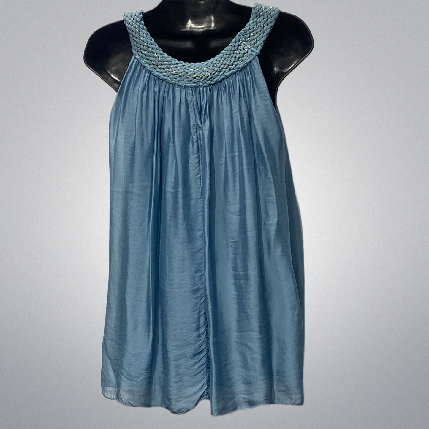 Italian Silk Top With Embellished Crochet Neck