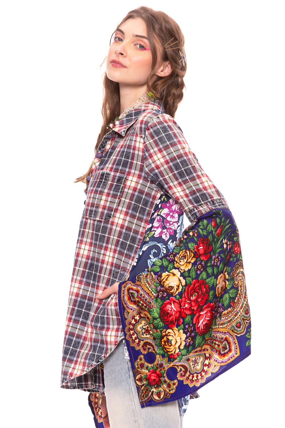 Floral Plaid Contrasting Bell Sleeve Shirt