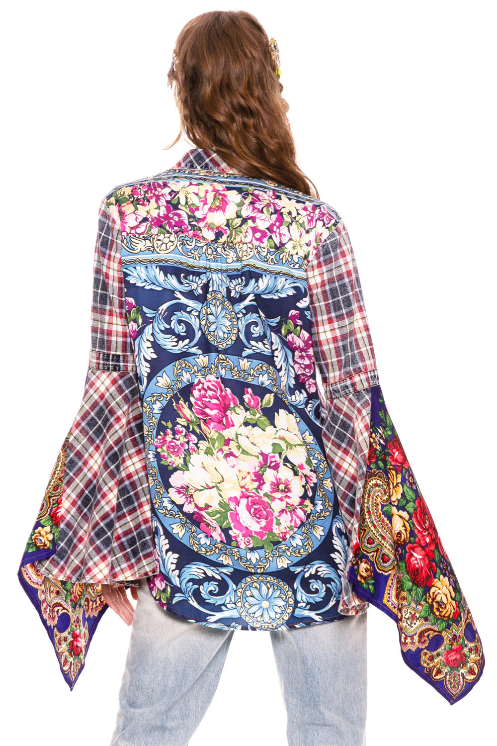Floral Plaid Contrasting Bell Sleeve Shirt
