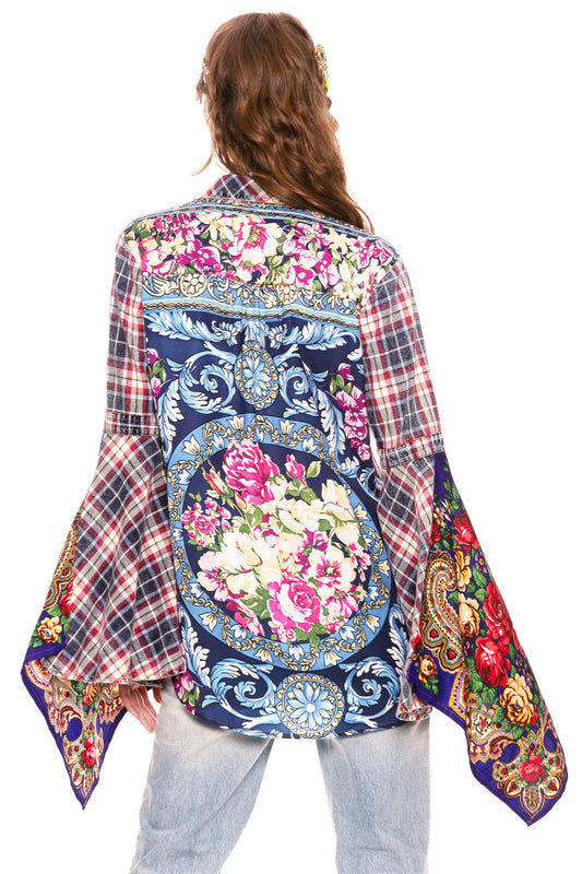 Floral Plaid Contrasting Bell Sleeve Shirt