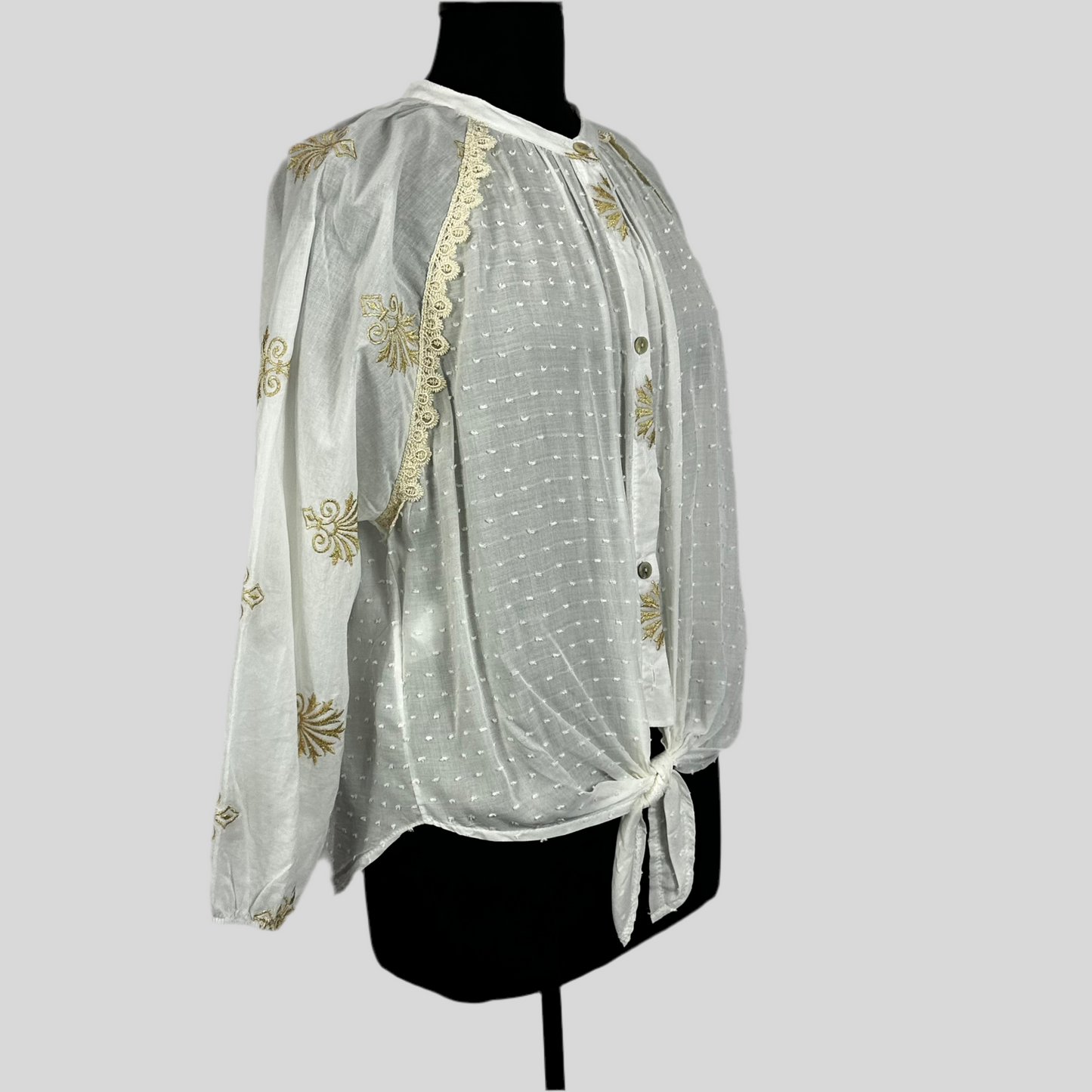 Embroidered Crochet Trim Front Tie Shirt