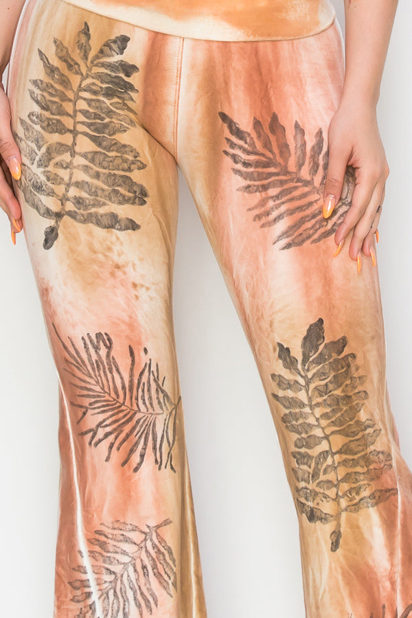 Dyed Bell Bottom Pants with Stamped Design