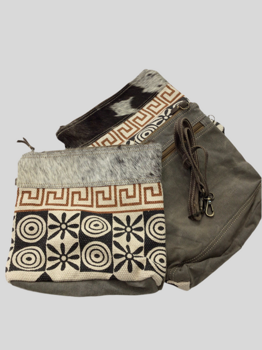 Tapestry and Cowhide Messenger Purse