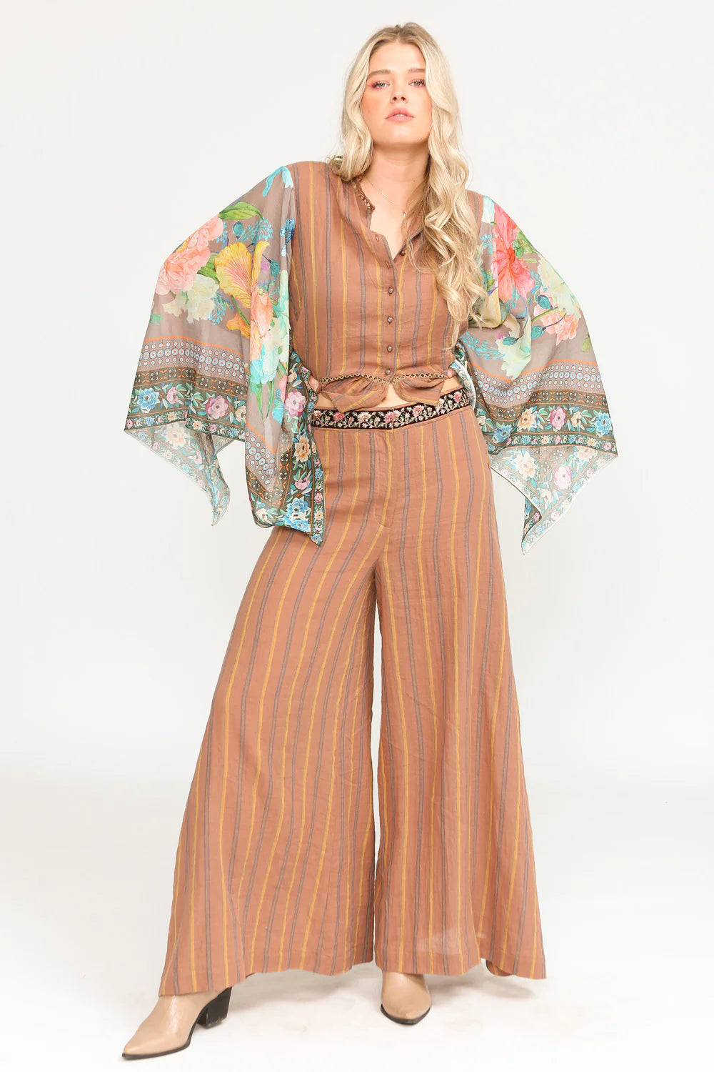 Stripe Blouse With Floral Border Print Sleeves