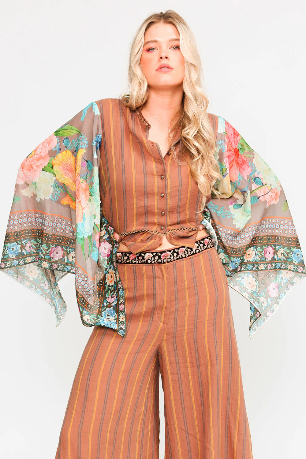 Stripe Blouse With Floral Border Print Sleeves