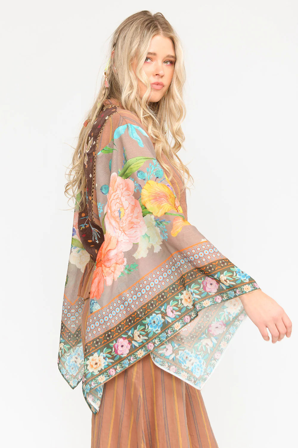 Stripe Blouse With Floral Border Print Sleeves