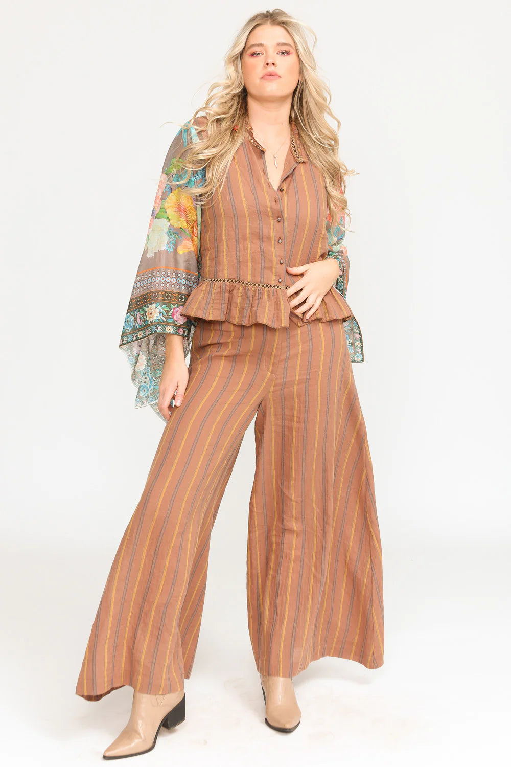 Stripe Blouse With Floral Border Print Sleeves