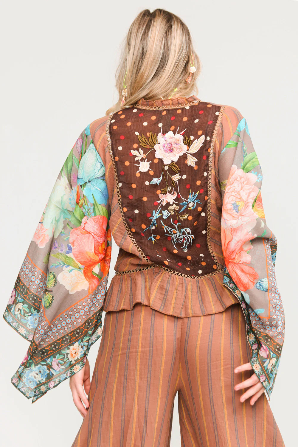 Stripe Blouse With Floral Border Print Sleeves