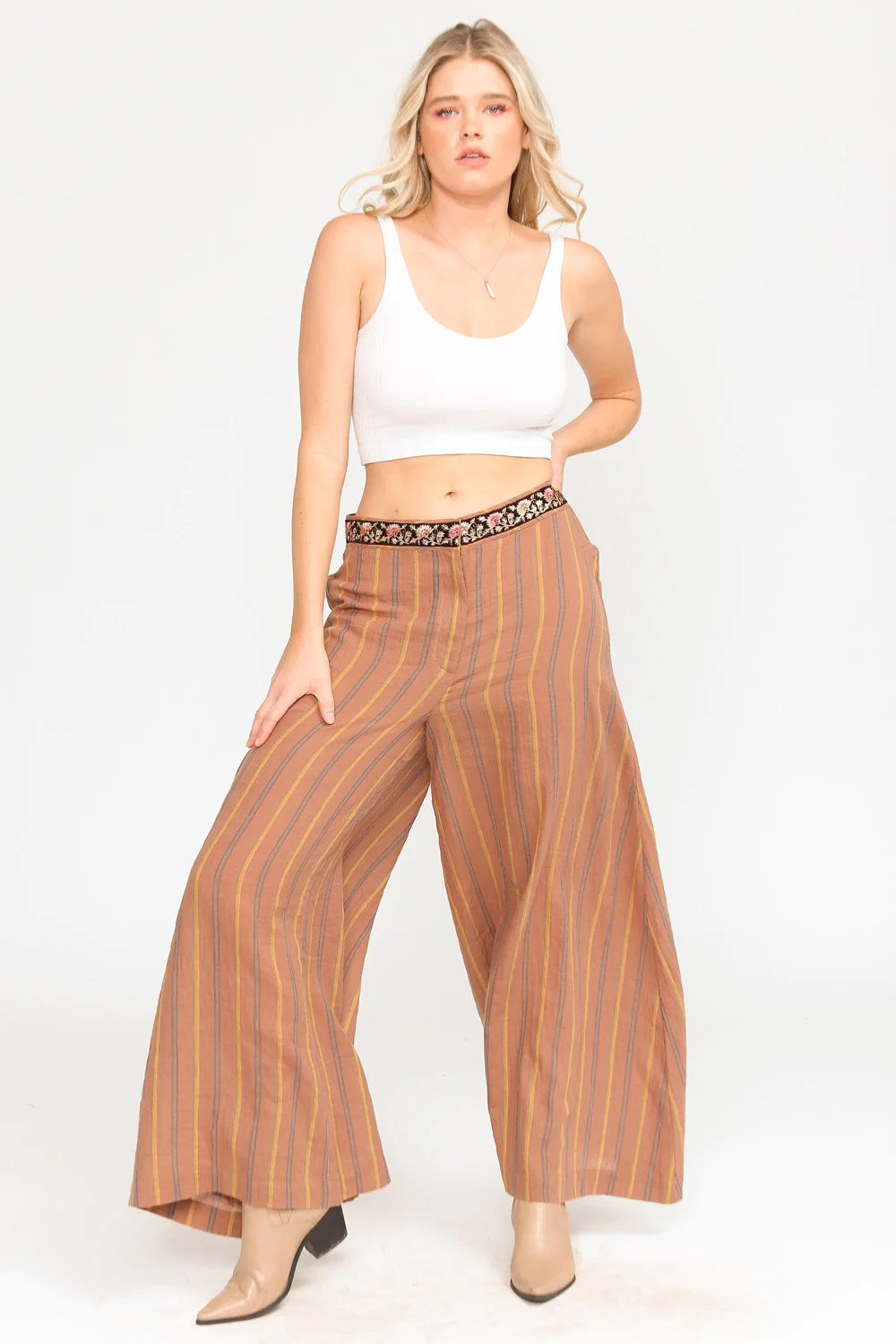 Striped Pants With Floral Waist Detail