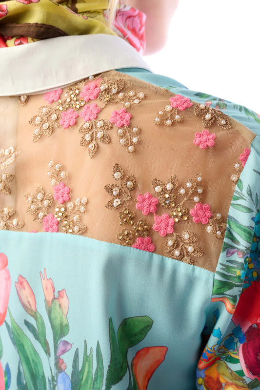 Laced Back Embroidered Sequined Floral Shirt V2