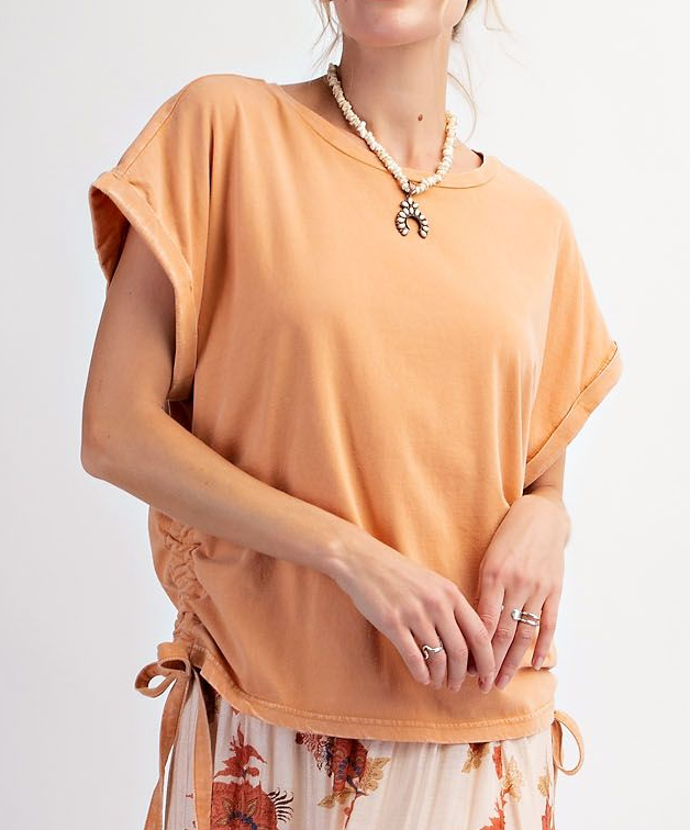 Mineral Wash Short Sleeve Top with Side Ties