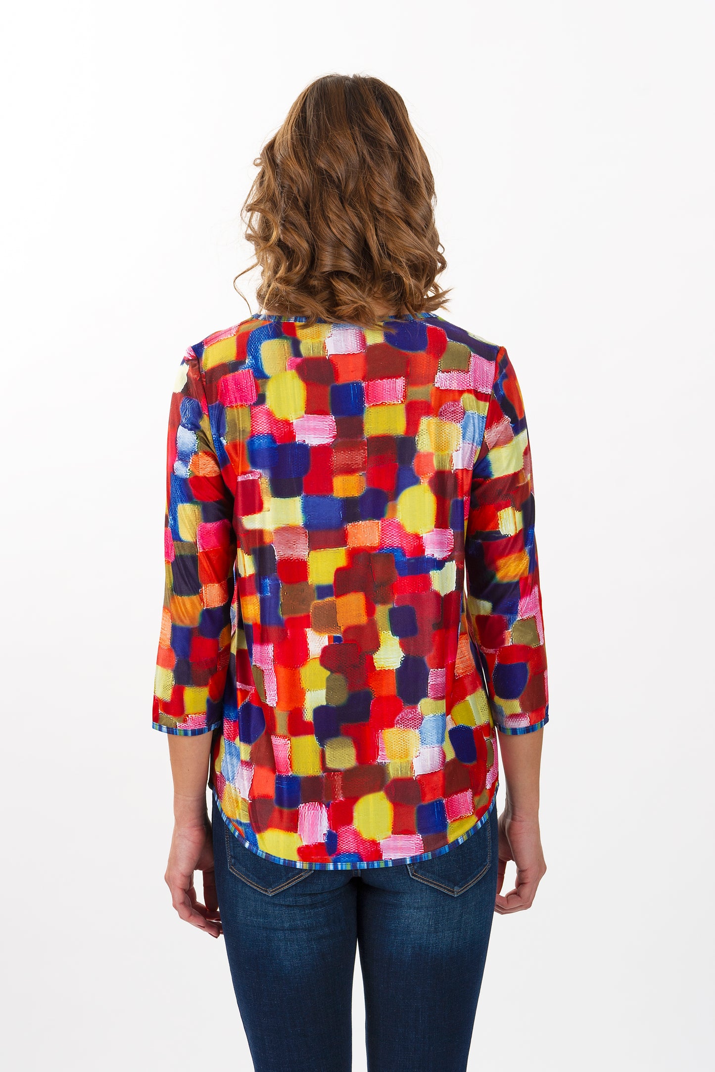 Reversible Color Mosaic Portrait 3/4 Sleeve Knit Top